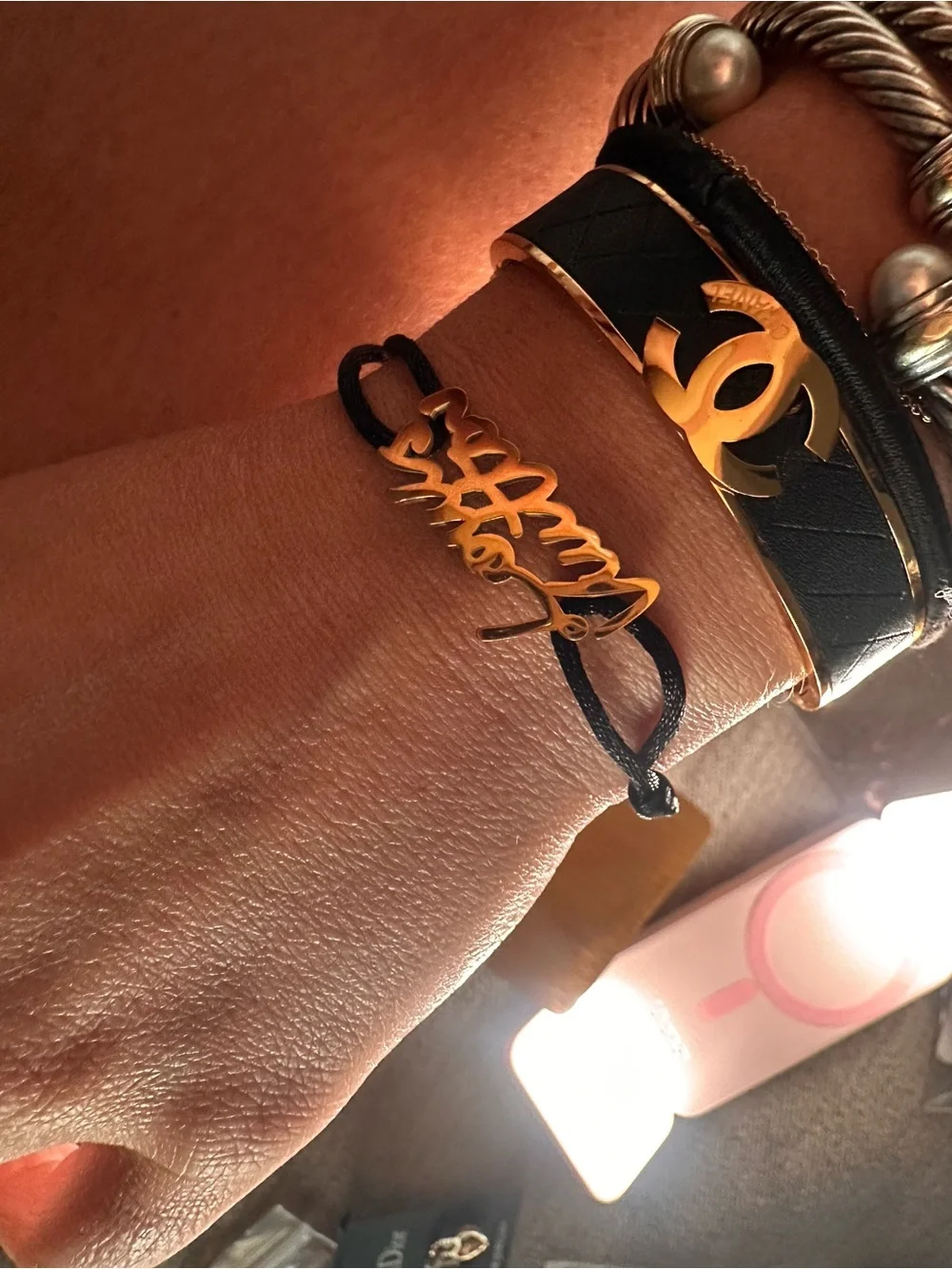Lv Gold Script Logo Cord Bracelet on Black Cord